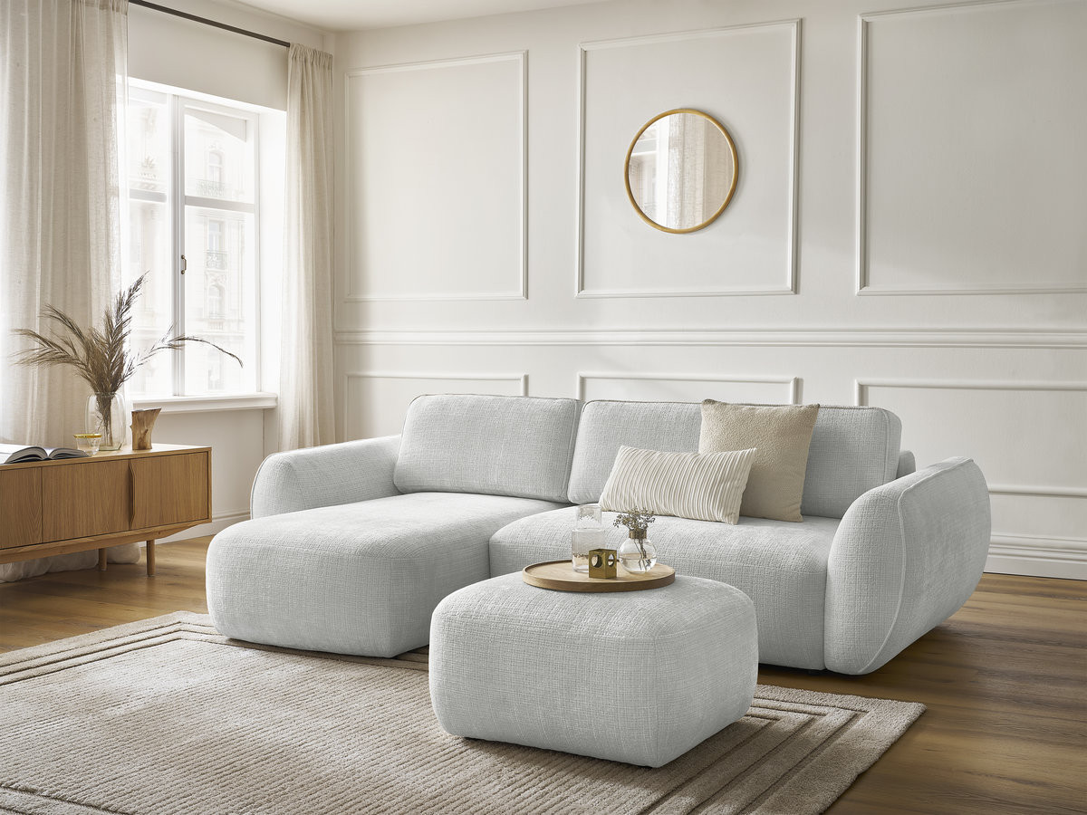 Bobochic Denise Ecksofa mit Schlaffunktion und Bettkasten und Pouf 258 × 160 cm Strukturstoff Hellgrau Ecke links