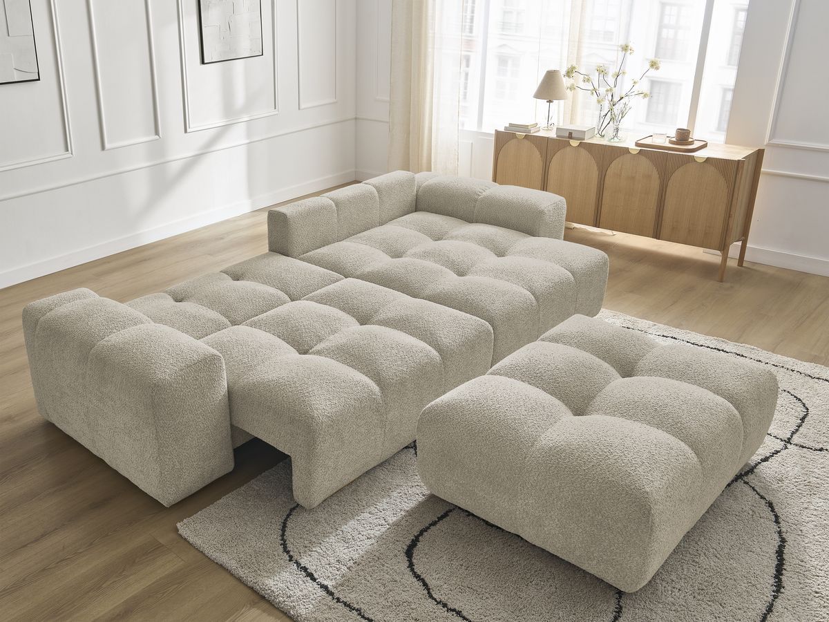 Bobochic Anakin Ecksofa mit Schlaffunktion und Bettkasten und Pouf, 6 Kissen Bouclé-Stoff Beige