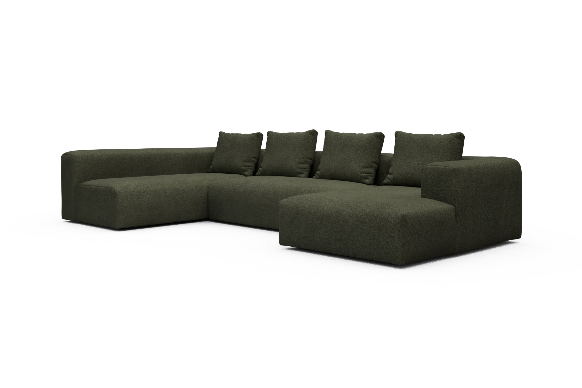 Wohnlandschaft Fred Chaiselongue rechts mit 2-Sitzer und lange Armlehne links Boucle-Forest-Green