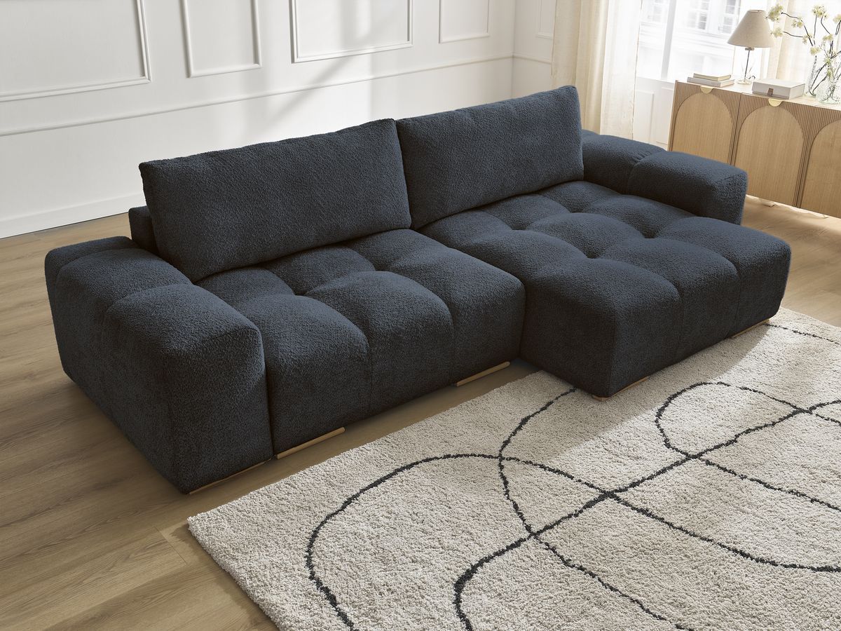 Bobochic Anakin Ecksofa mit Schlaffunktion und Bettkasten, 2 Kissen Bouclé-Stoff Dunkelblau