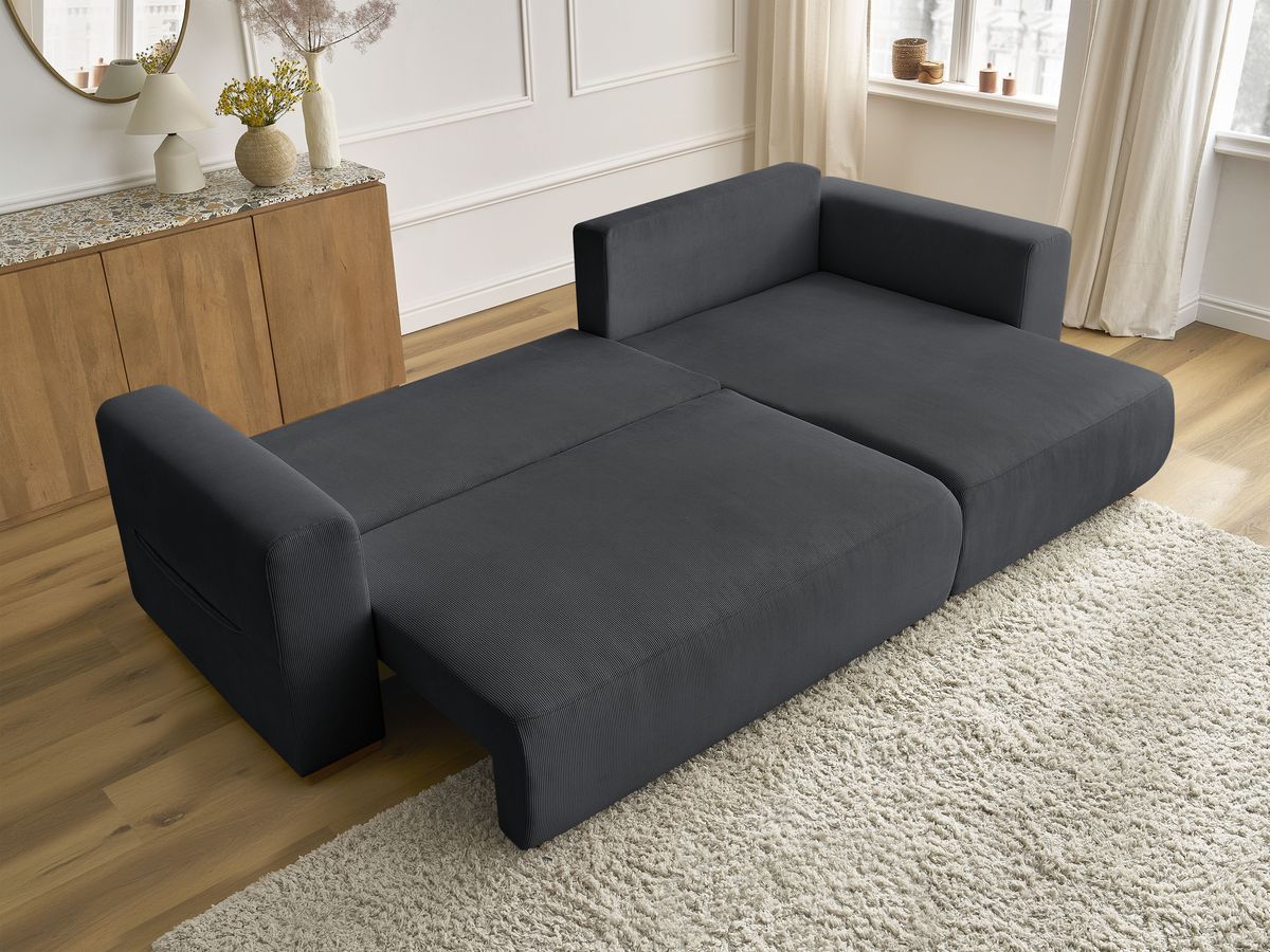 Bobochic Sidonie Ecksofa mit Schlaffunktion und Bettkasten Cordsamt Schwarz