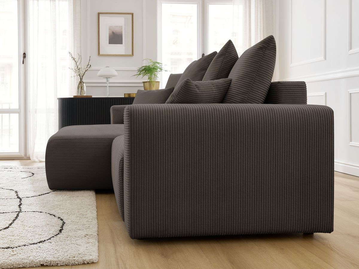 Bobochic Atilla Ecksofa mit Schlaffunktion und Bettkasten Cordsamt Taupe Ecke links