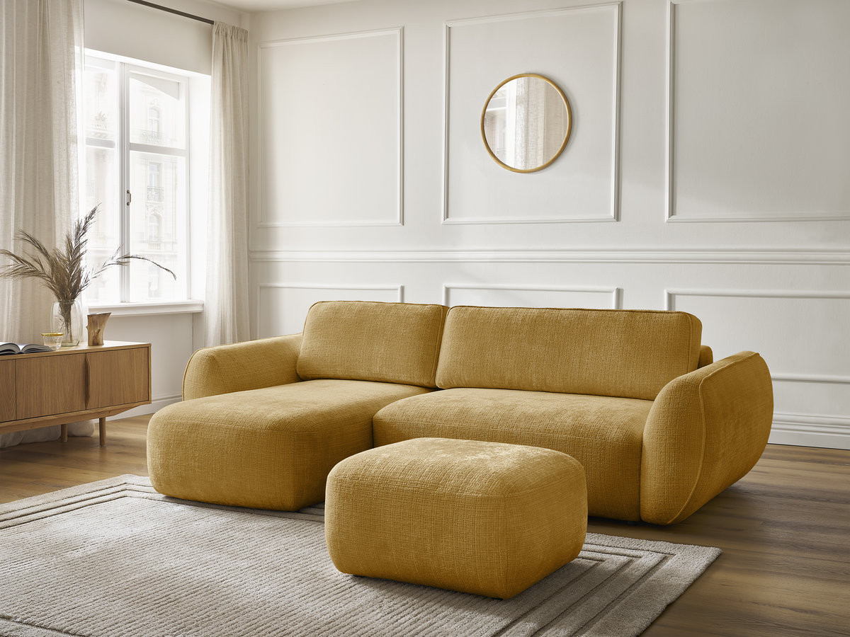 Bobochic Denise Ecksofa mit Schlaffunktion und Bettkasten und Pouf 258 × 160 cm Strukturstoff Gelb Ecke links