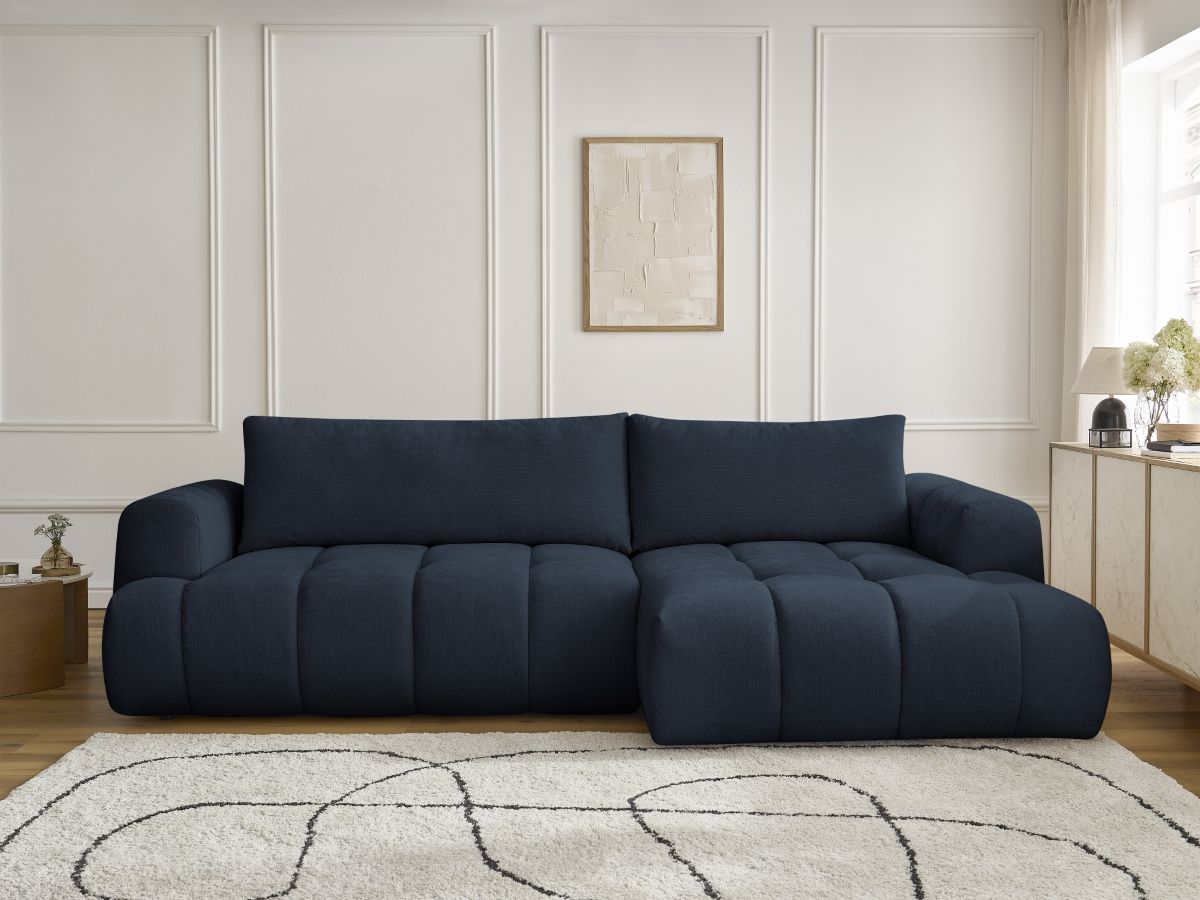 Bobochic Fuji Ecksofa mit Schlaffunktion und Bettkasten 292 × 160 cm Stoff Dunkelblau Ecke rechts