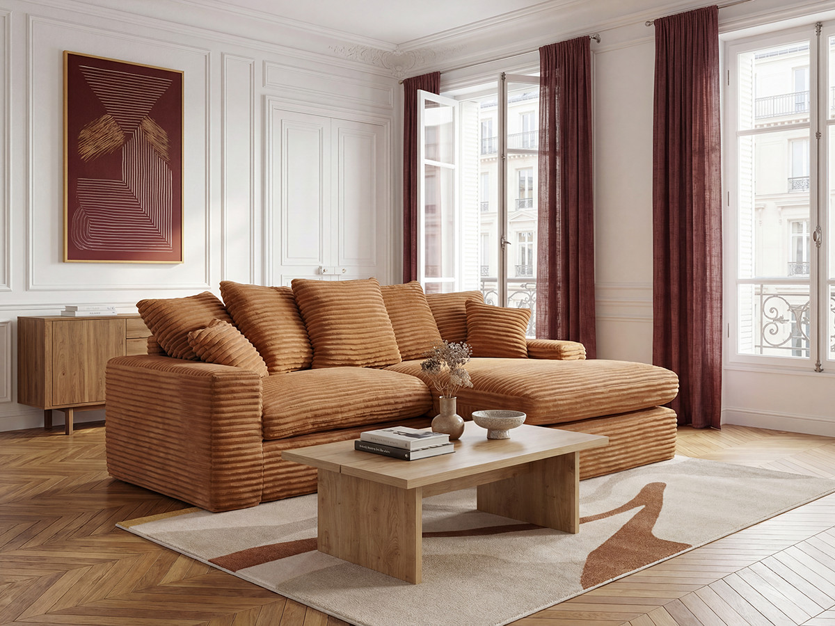 Bobochic Nevada Ecksofa Breitcord weich Ockergelb