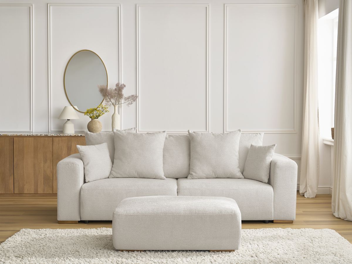 Bobochic Sidonie Schlafsofa 4-Sitzer mit Bettkasten und Pouf Melange-Stoff Beige