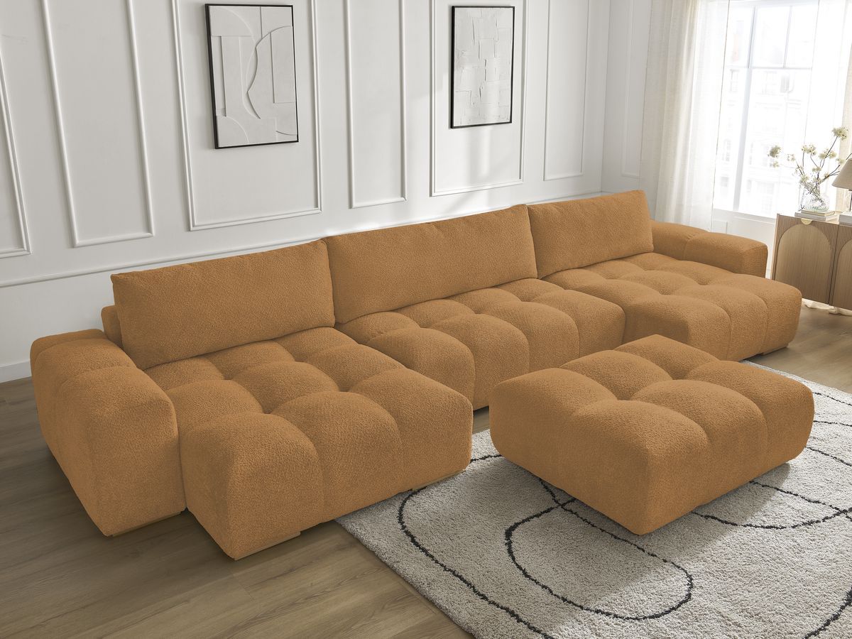 Bobochic Anakin Wohnlandschaft mit Pouf, 3 Kissen Bouclé-Stoff Gelb