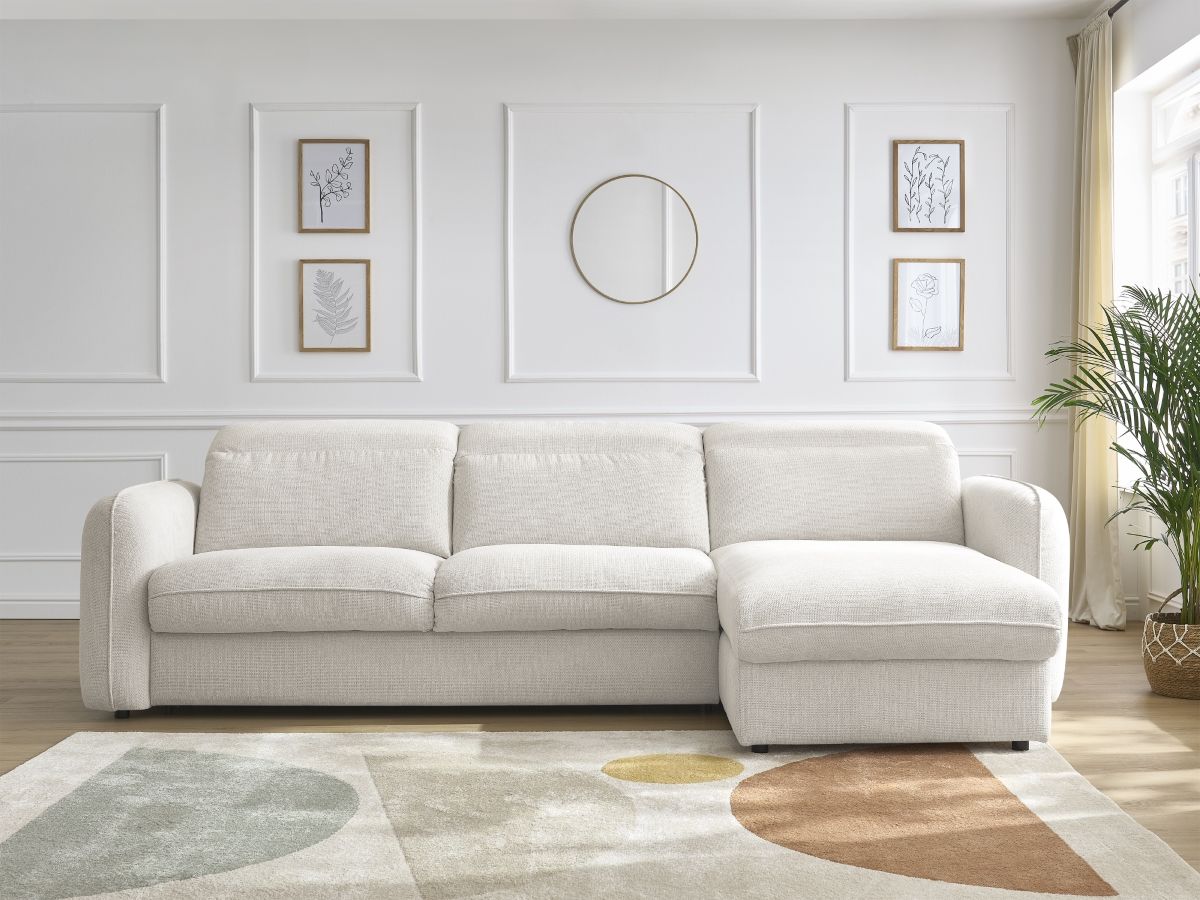 Bobochic Achille Ecksofa mit Schlaffunktion und Bettkasten Melange-Stoff Weiß, Liegefläche 160 × 200 cm