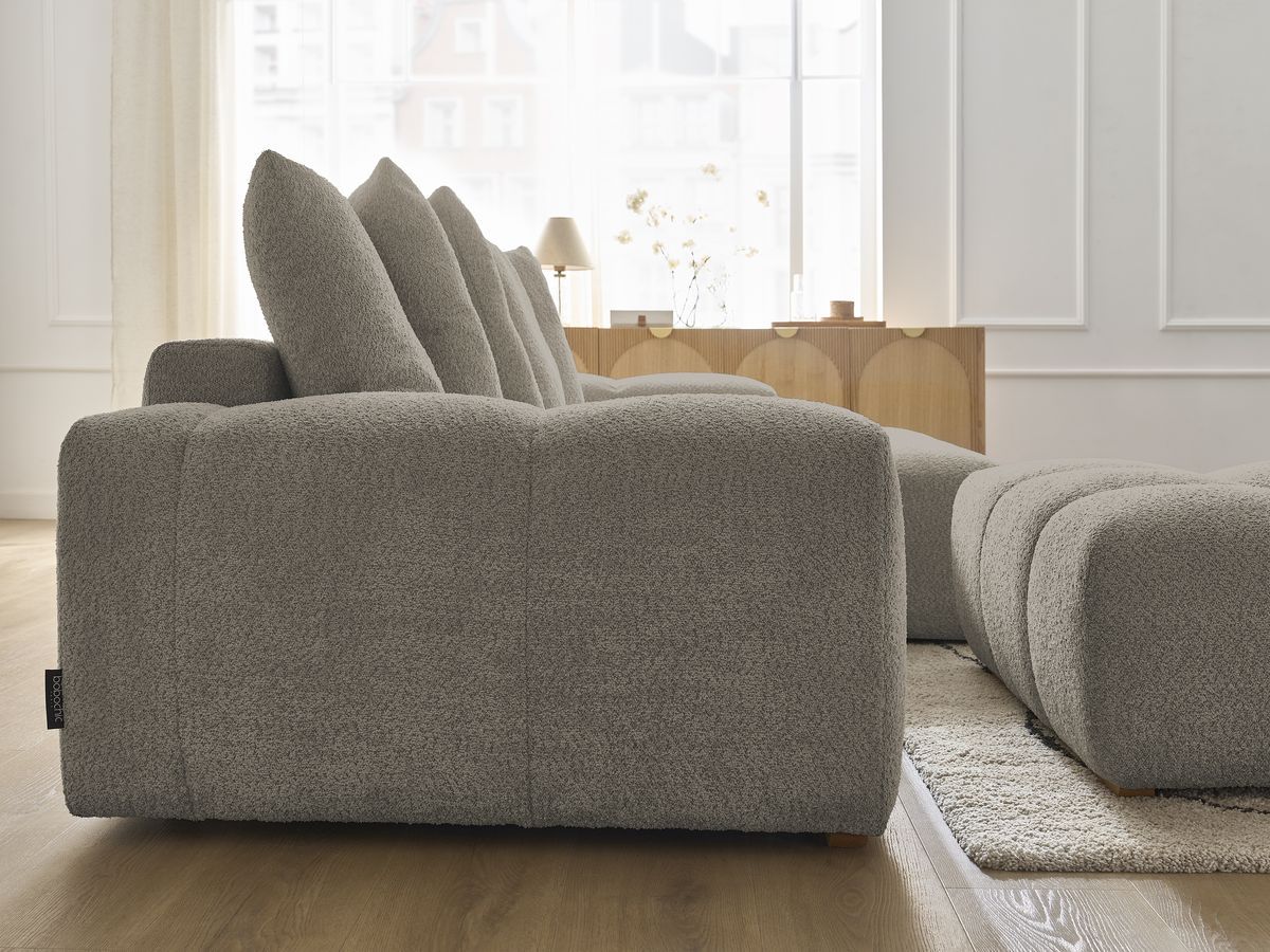 Bobochic Anakin Ecksofa mit Schlaffunktion und Bettkasten und Pouf, 6 Kissen Bouclé-Stoff Taupe
