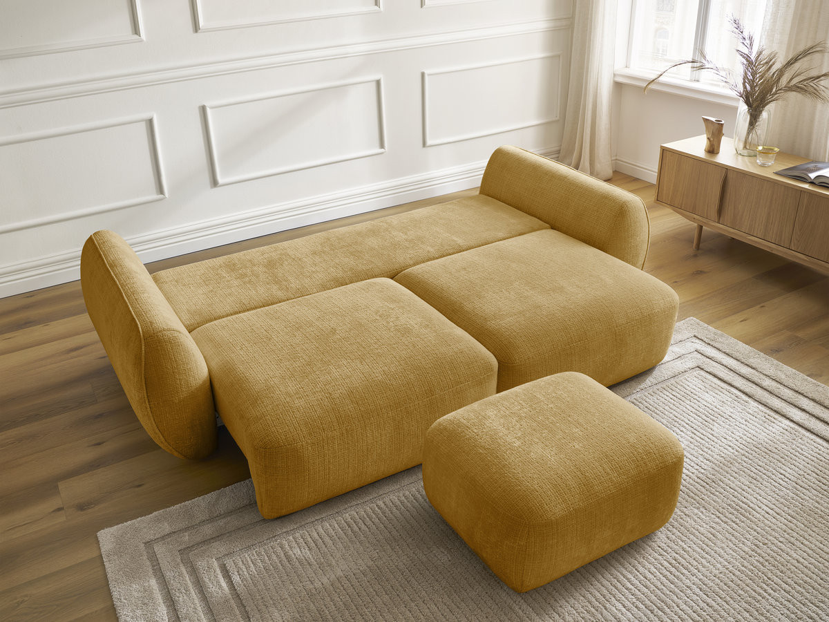 Bobochic Denise Schlafsofa 3-Sitzer mit Bettkasten und Pouf Strukturstoff Gelb