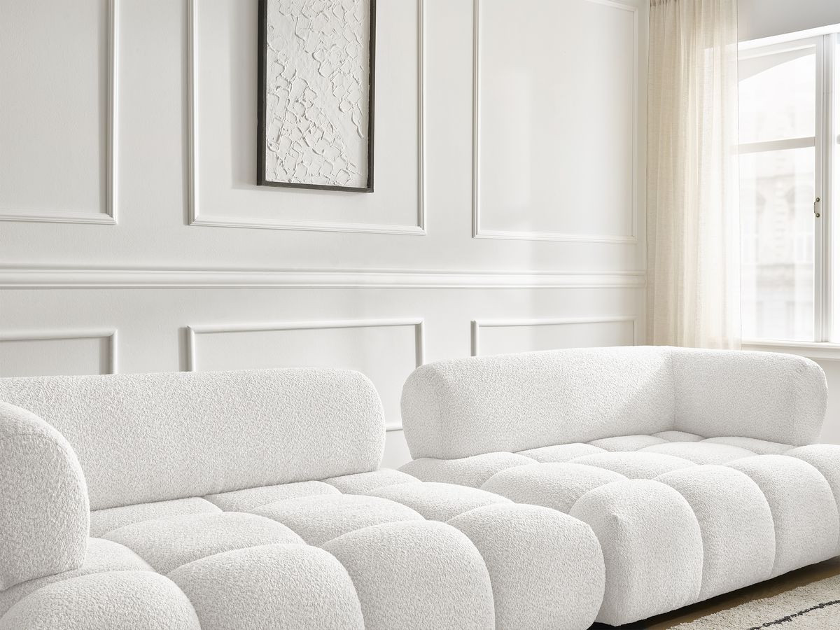 Bobochic Alya Sofa 4-Sitzer mit Pouf Bouclé-Stoff Weiß