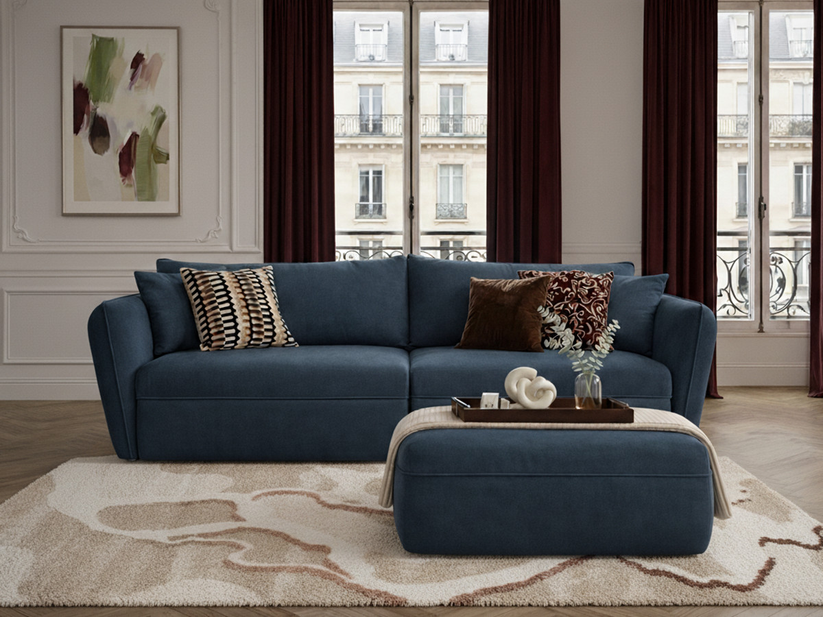 Bobochic Luigi Sofa 3-Sitzer mit Pouf Strukturstoff Blau