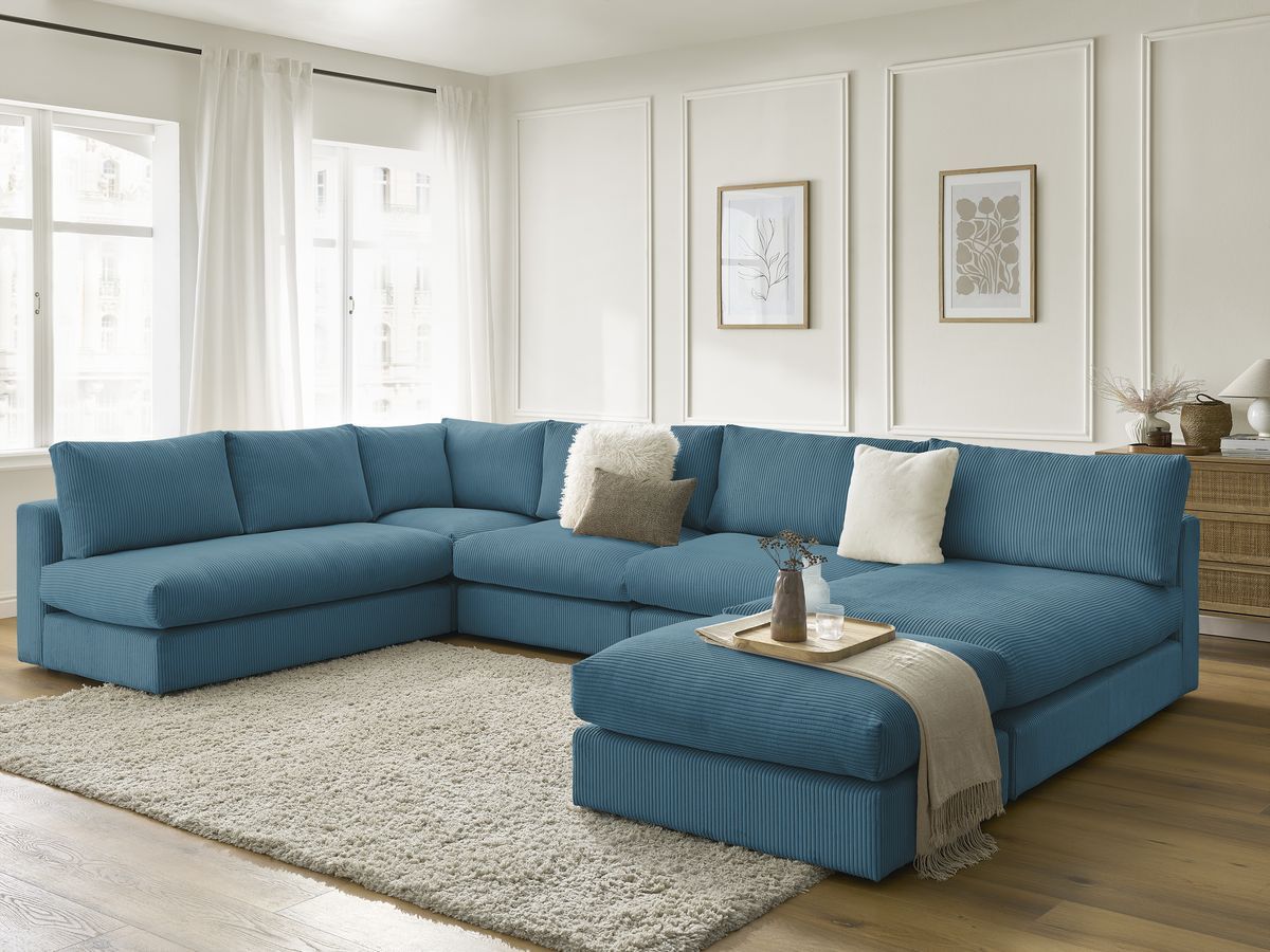 Bobochic Paris Ecksofa mit Pouf 369 × 167 cm Cordsamt Hellblau