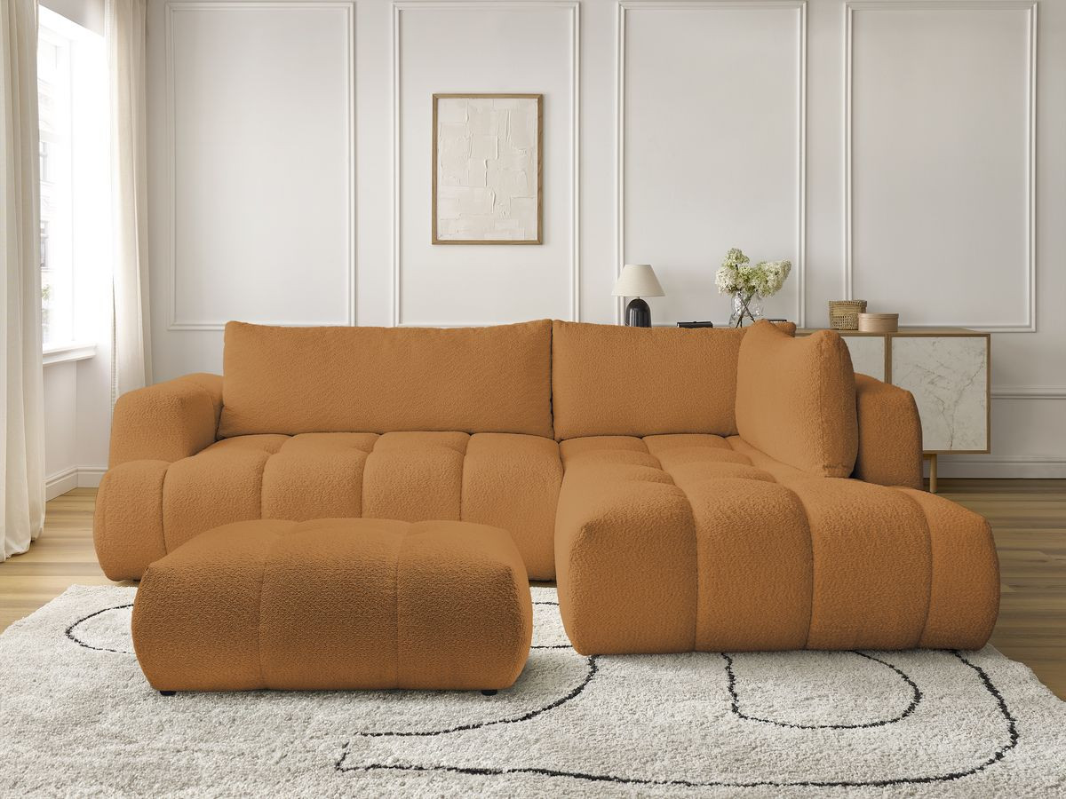 Bobochic Fuji Ecksofa mit Schlaffunktion und Bettkasten und Pouf 282 × 204 cm Bouclé-Stoff Gelb Ecke rechts