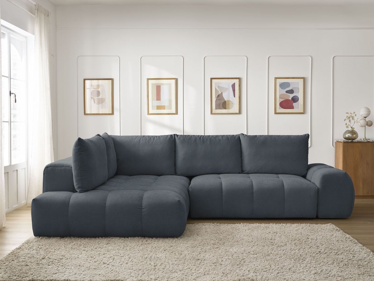 Bobochic Everest Ecksofa mit Schlaffunktion und Bettkasten 320 × 212 cm, 5 Kissen Strukturstoff Dunkelblau Ecke links