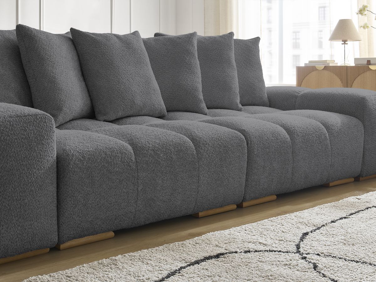 Bobochic Anakin Schlafsofa 3-Sitzer mit Bettkasten und Pouf, 6 Kissen Bouclé-Stoff Dunkelgrau