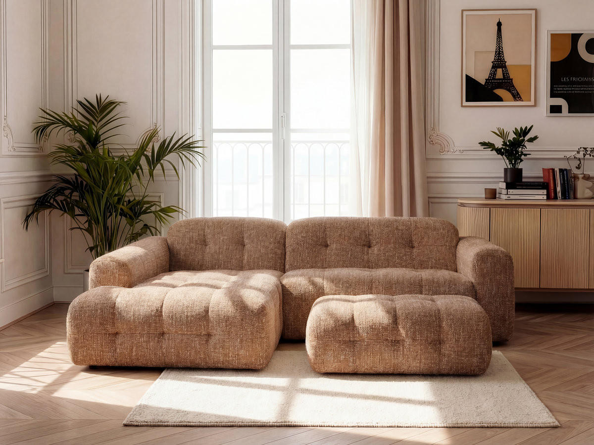 Bobochic Laura Ecksofa mit großem Pouf Melange-Stoff Orange Ecke links