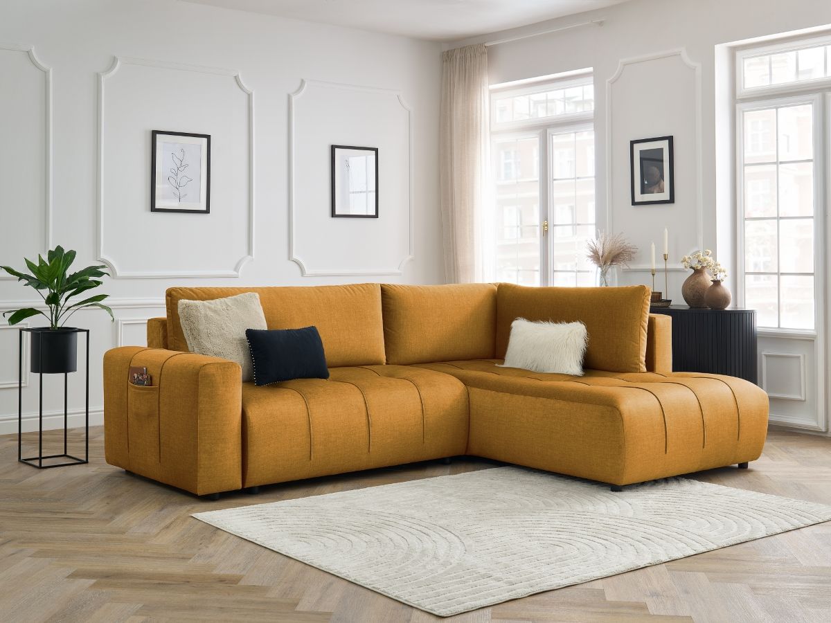 Bobochic Arsene Ecksofa mit Schlaffunktion und Bettkasten 277 × 200 cm Samt Gelb Ecke rechts