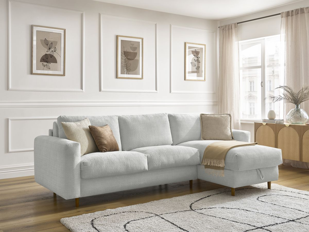 Bobochic Cocoone Ecksofa mit Schlaffunktion und Bettkasten Strukturstoff Hellgrau, Liegefläche 160 × 200 cm