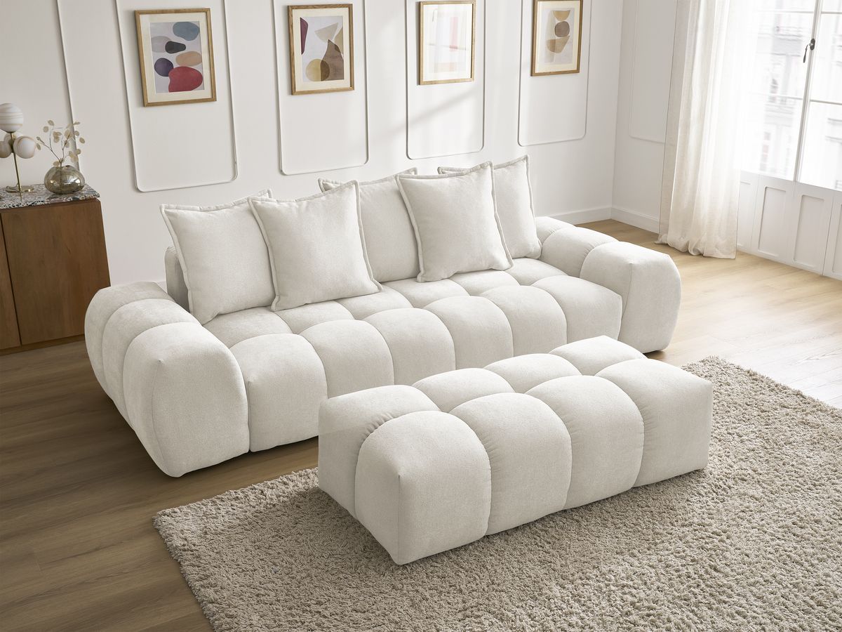 Bobochic Everest Sofa 3-Sitzer mit Pouf, 5 Kissen Strukturstoff Weiß