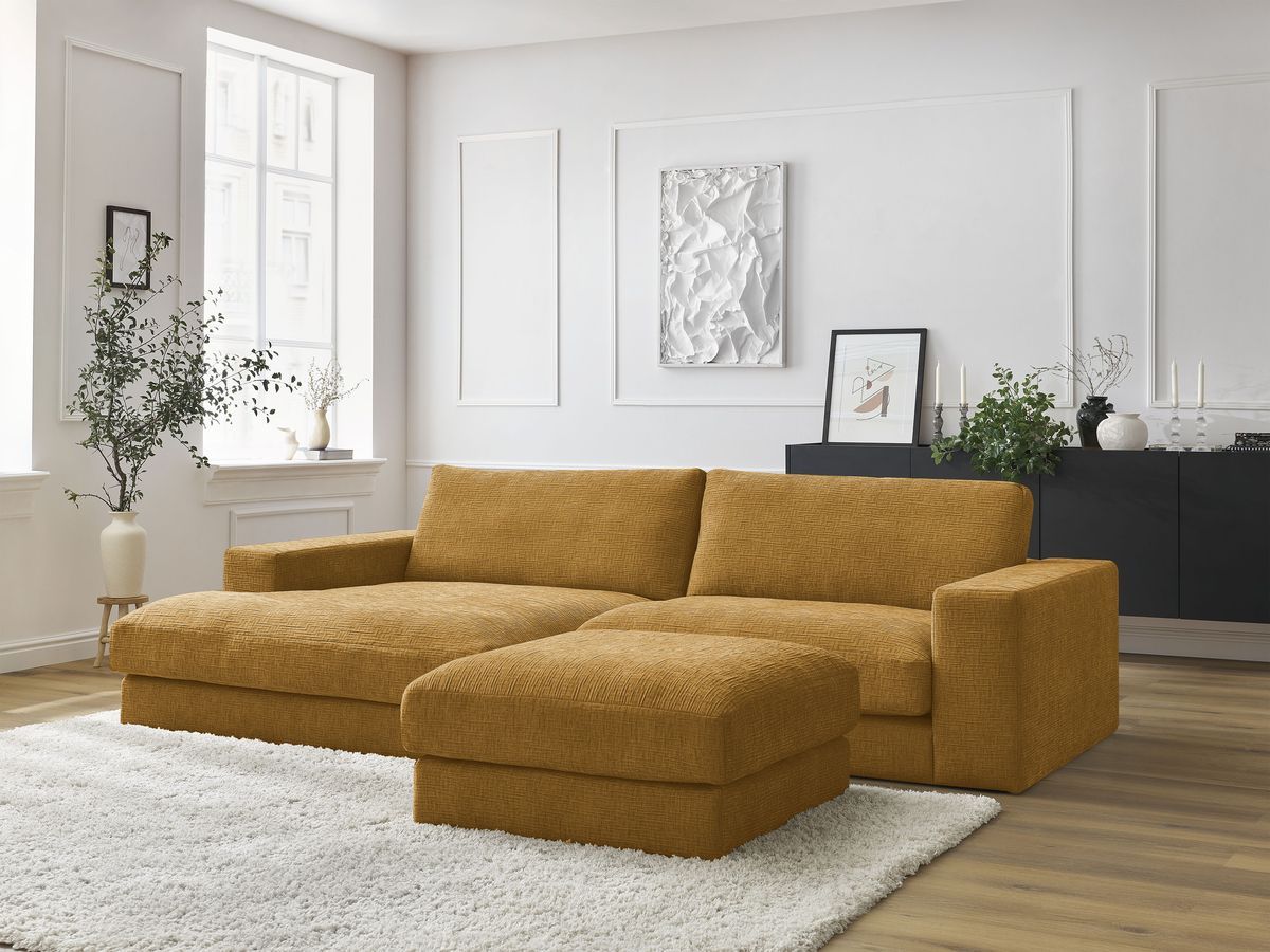 Bobochic Leonard Ecksofa mit Pouf 274 × 159 cm Strukturstoff Gelb Ecke links