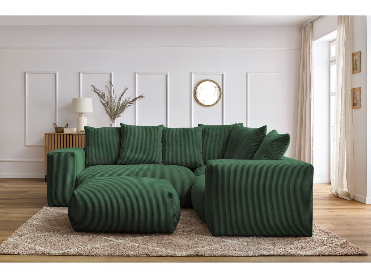 Bobochic Voltaire Ecksofa mit Pouf 268 × 214 cm Cordsamt Grün Ecke rechts