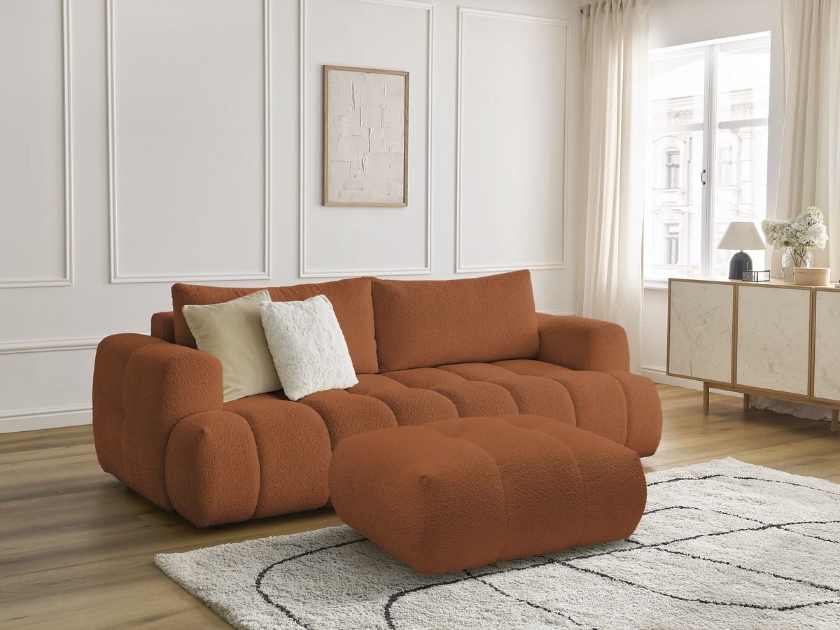 Bobochic Fuji Schlafsofa 3-Sitzer mit Bettkasten und Pouf Bouclé-Stoff Orange