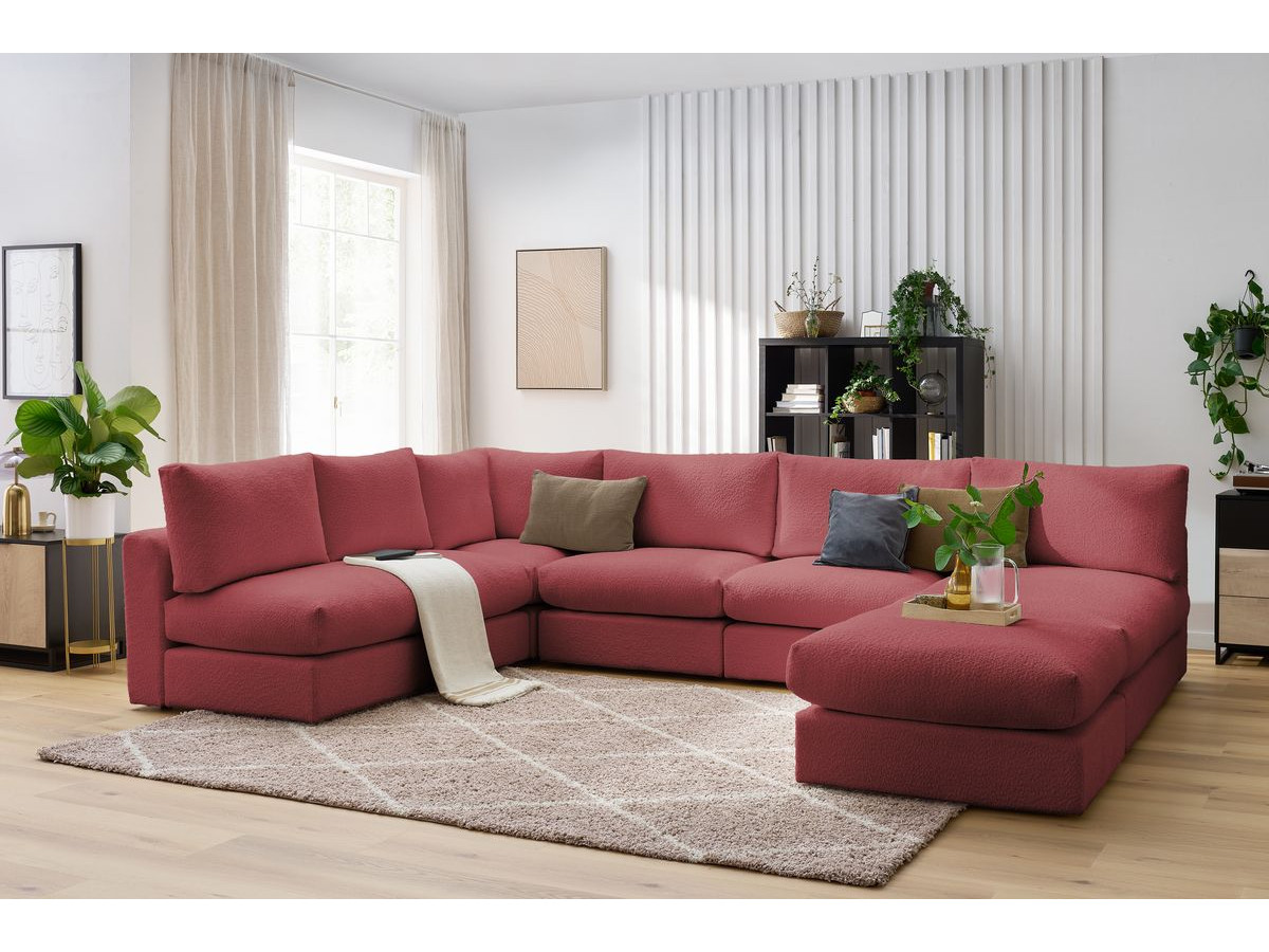 Bobochic Paris Ecksofa mit Pouf 369 × 262 cm Bouclé-Stoff Rot