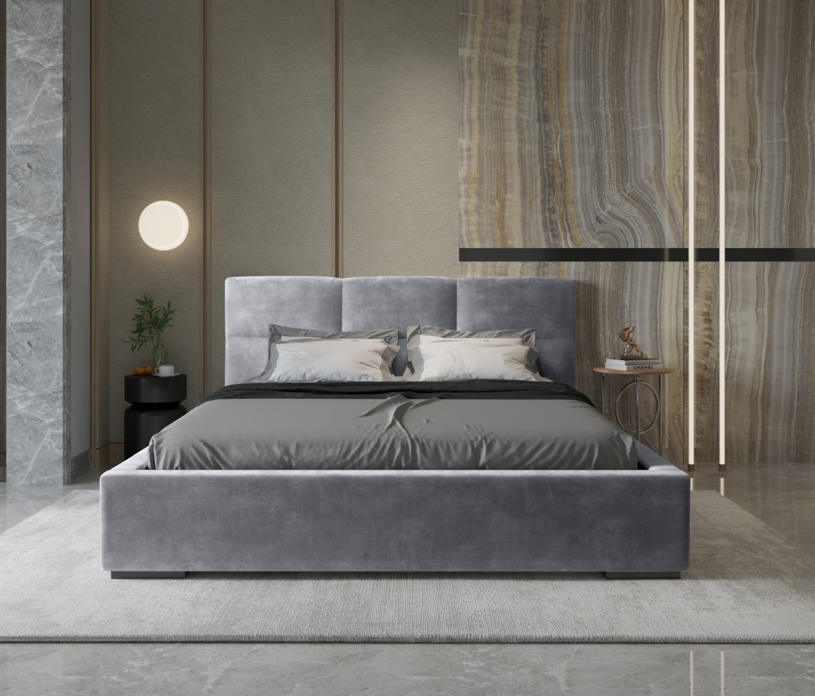 Polsterbett Portoza Samtstoff 180x200 mit Metallrahmen Macau Ash