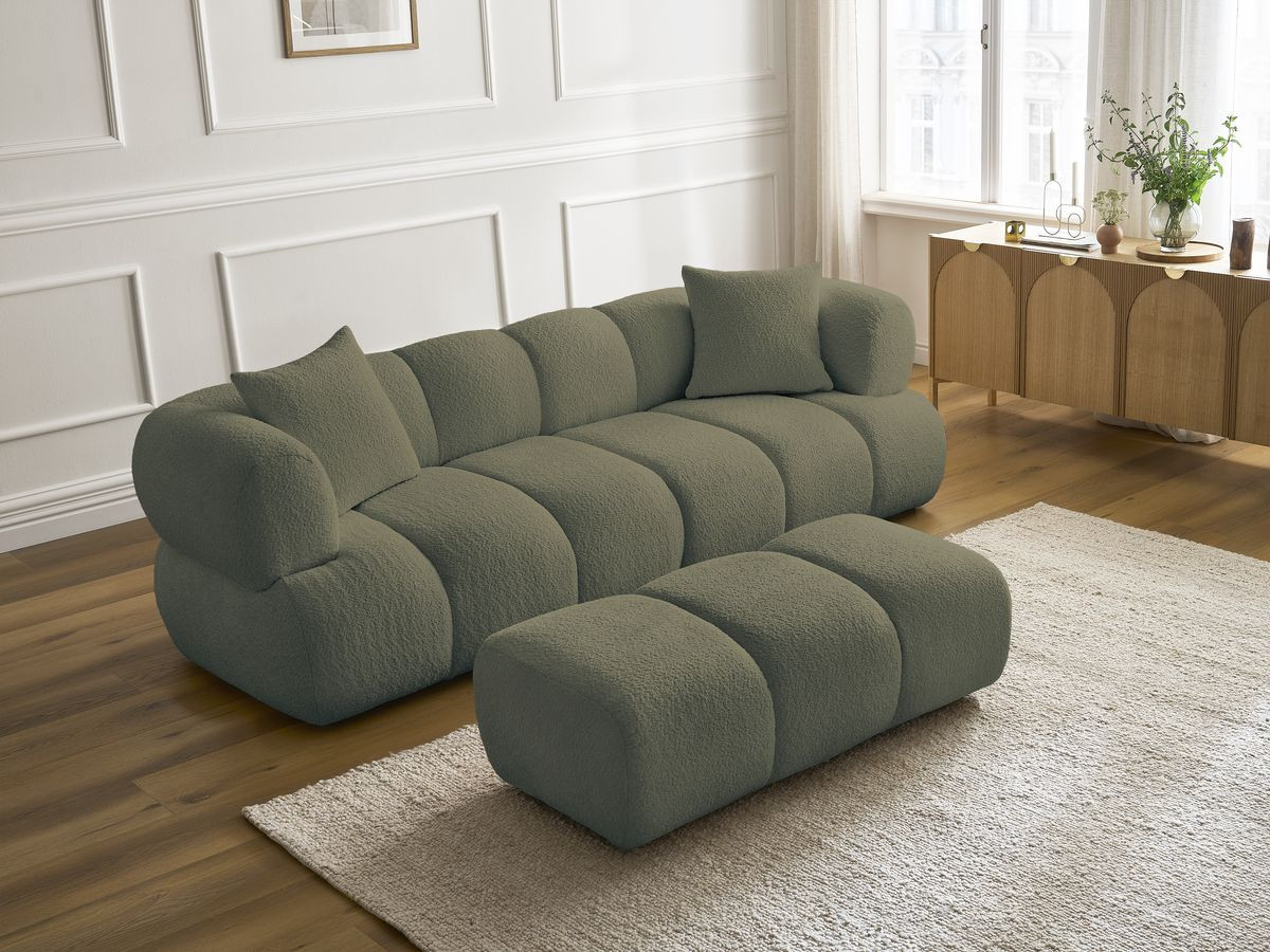 Bobochic Pamira Sofa 3-Sitzer mit Pouf Bouclé-Stoff Grün