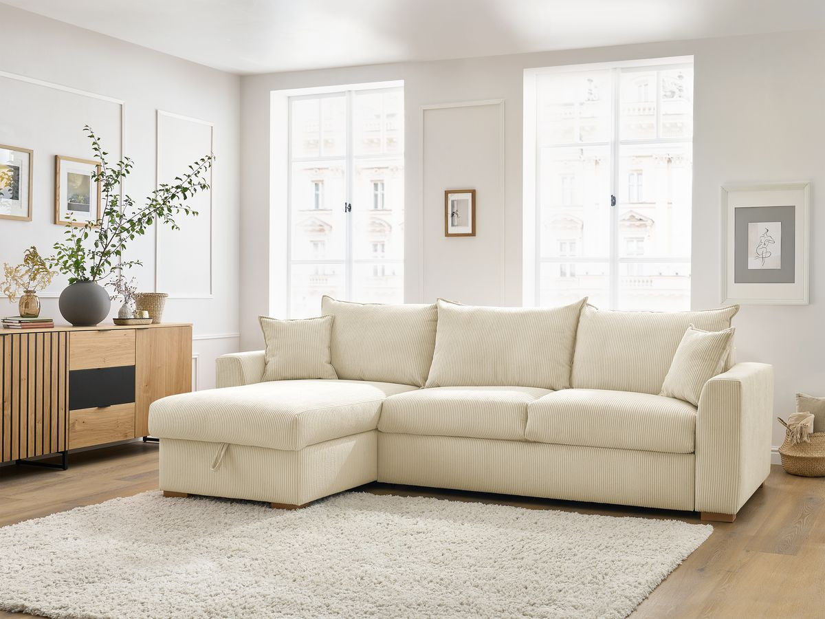 Bobochic Augustin Ecksofa mit Schlaffunktion und Bettkasten Cordsamt Beige, Liegefläche 160 × 200 cm