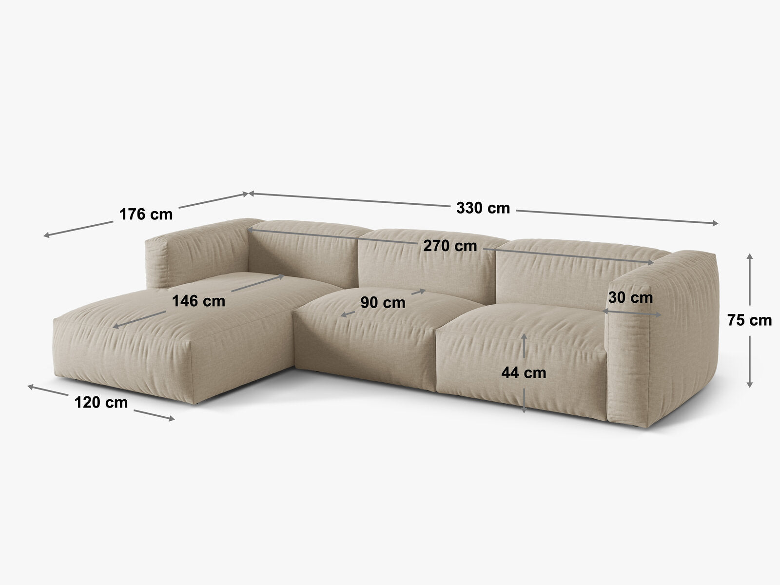 Micadoni Ecksofa Martina 3-Sitzer 90cm Sitztiefe Links Boucle Monet Silber