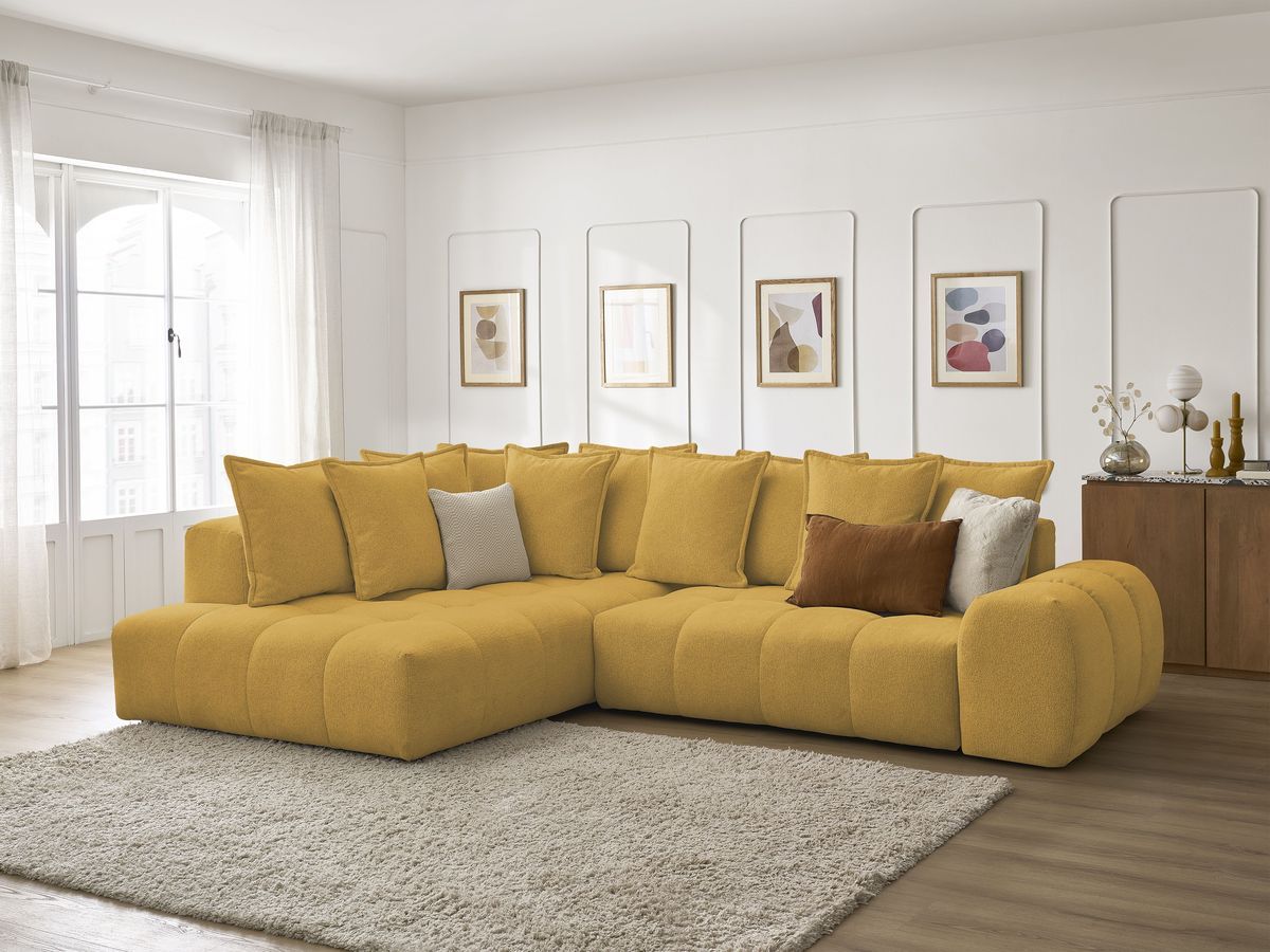 Bobochic Everest Ecksofa mit Schlaffunktion und Bettkasten 320 × 212 cm, 10 Kissen Melange-Stoff Gelb Ecke links