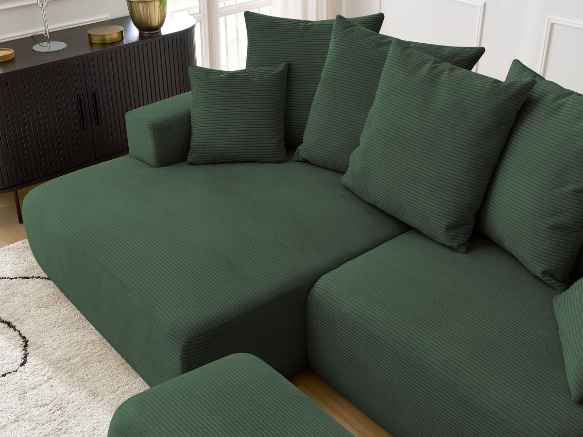 Bobochic Atilla Ecksofa mit Schlaffunktion und Bettkasten und Pouf Cordsamt Dunkelgrün Ecke links