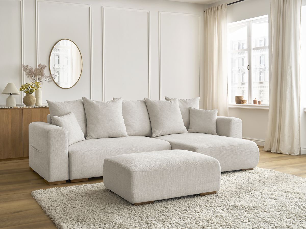 Bobochic Sidonie Ecksofa mit Schlaffunktion und Bettkasten und Pouf Melange-Stoff Beige