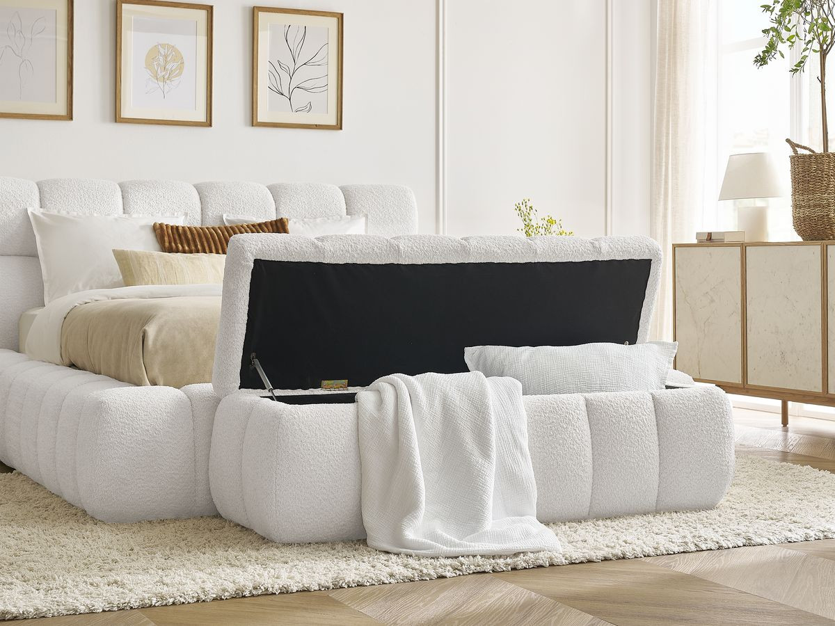 Bobochic Mont-blanc Polsterbett mit Bettkasten mit Bettbank Bouclé-Stoff Weiß, Liegefläche 180 × 200 cm