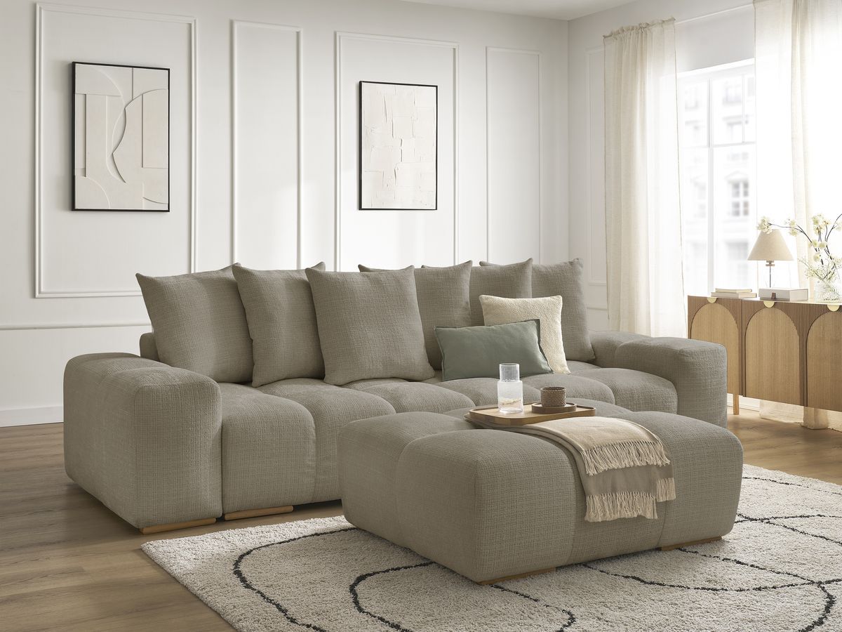 Bobochic Anakin Schlafsofa 3-Sitzer mit Bettkasten und Pouf, 6 Kissen Strukturstoff Taupe