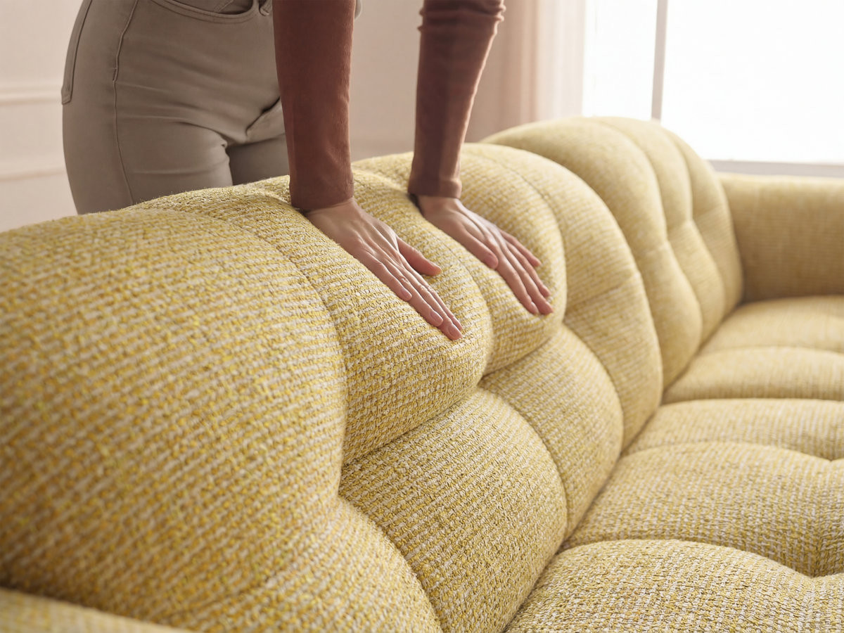 Bobochic Laura Ecksofa mit großem Pouf Melange-Stoff Gelb Ecke rechts