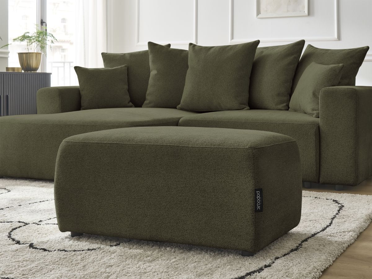 Bobochic Atilla Ecksofa mit Schlaffunktion und Bettkasten und Pouf Melange-Stoff Grün Ecke links