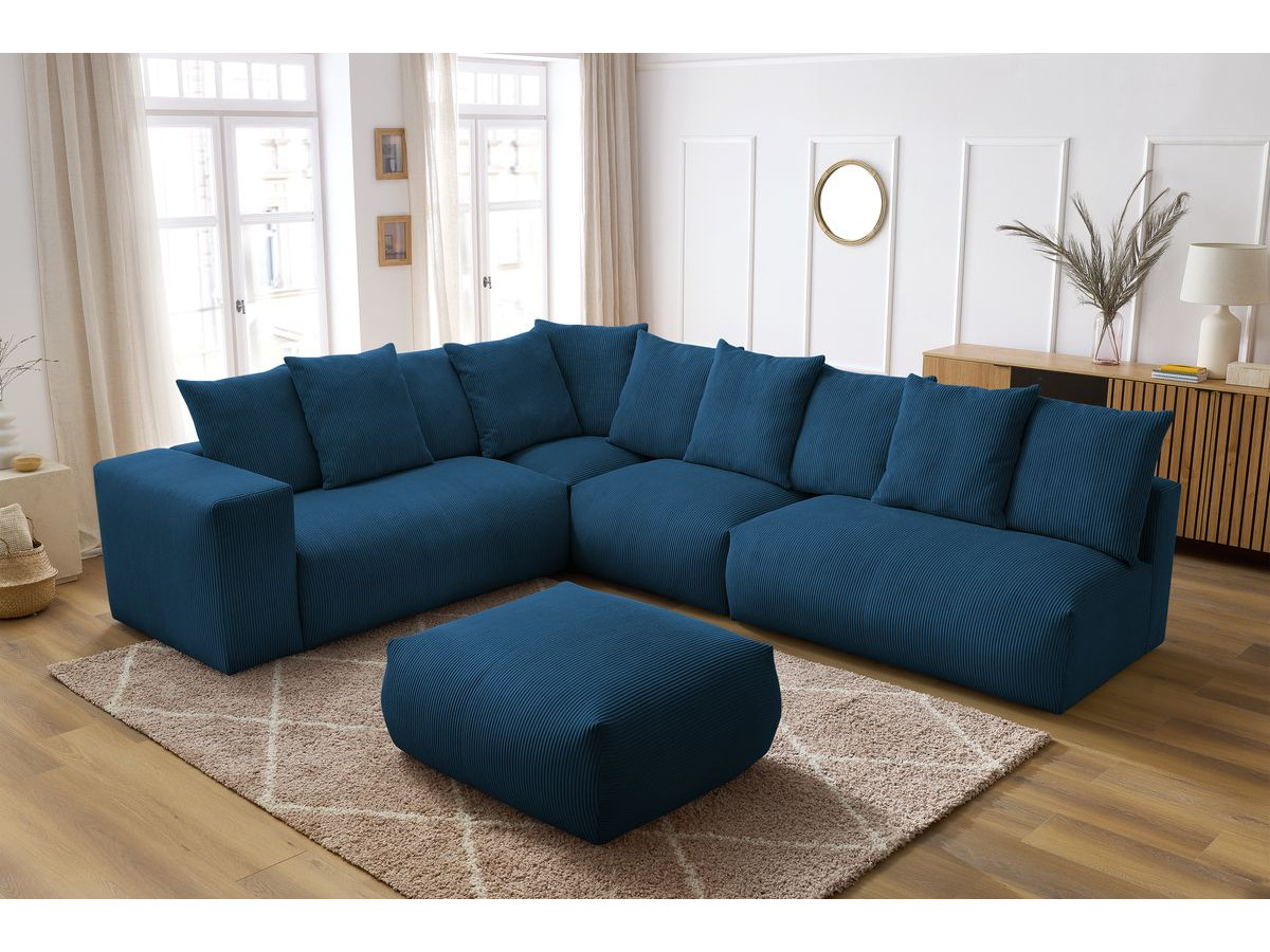 Bobochic Voltaire Ecksofa mit Pouf 322 × 268 cm Cordsamt Dunkelblau Ecke links