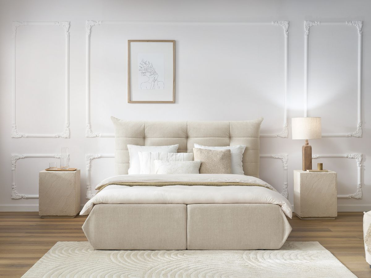 Bobochic Clothilde Polsterbett mit Bettkasten Samt Beige, Liegefläche 140 × 190 cm
