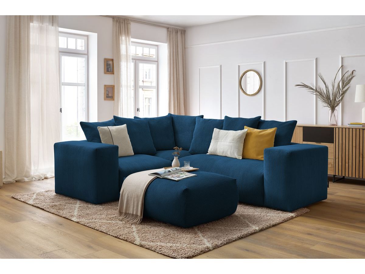 Bobochic Voltaire Ecksofa mit Pouf 268 × 214 cm Cordsamt Dunkelblau Ecke links