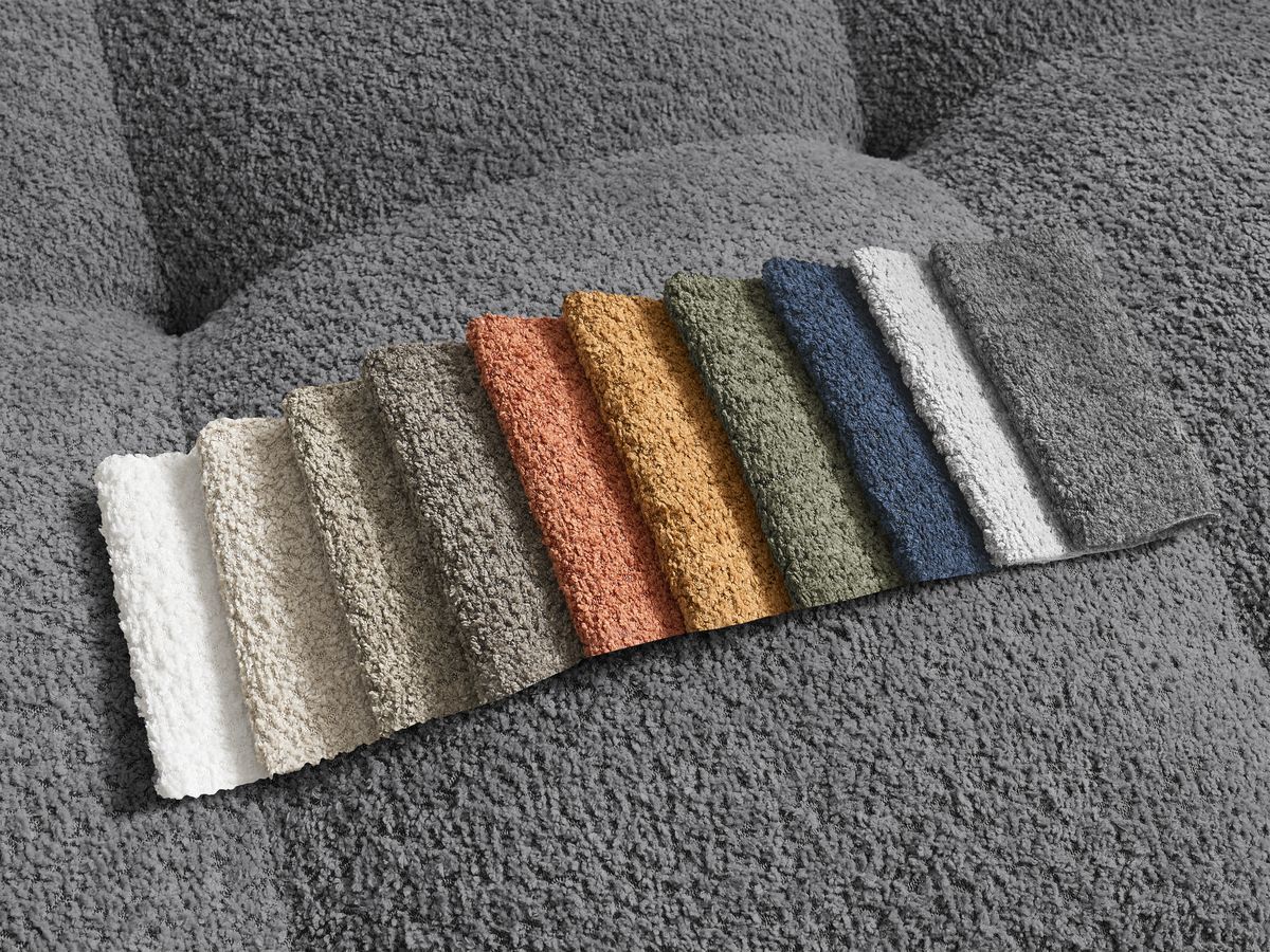 Bobochic Anakin Ecksofa mit Pouf, 6 Kissen Bouclé-Stoff Dunkelgrau