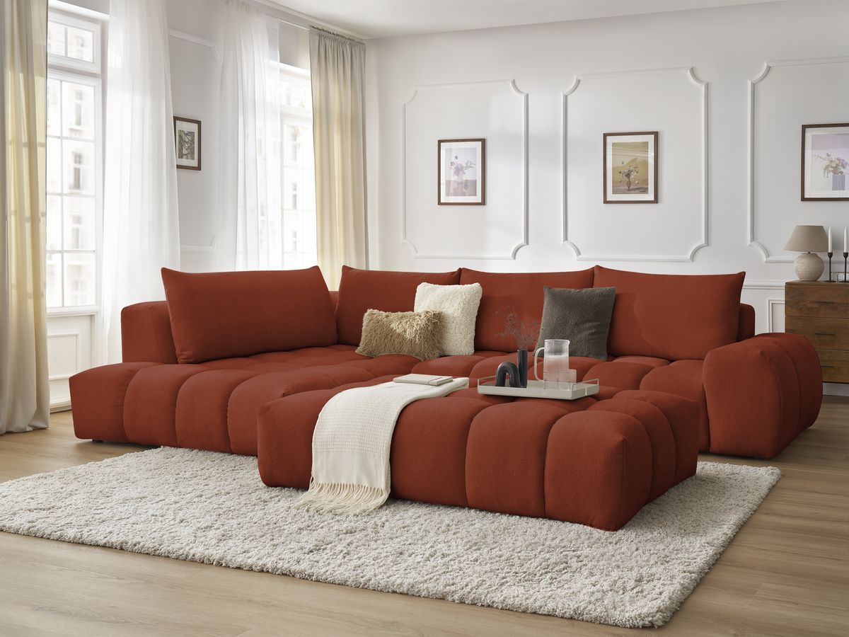 Bobochic Everest Ecksofa mit Schlaffunktion und Pouf, 4 Kissen Strukturstoff Orange Ecke links