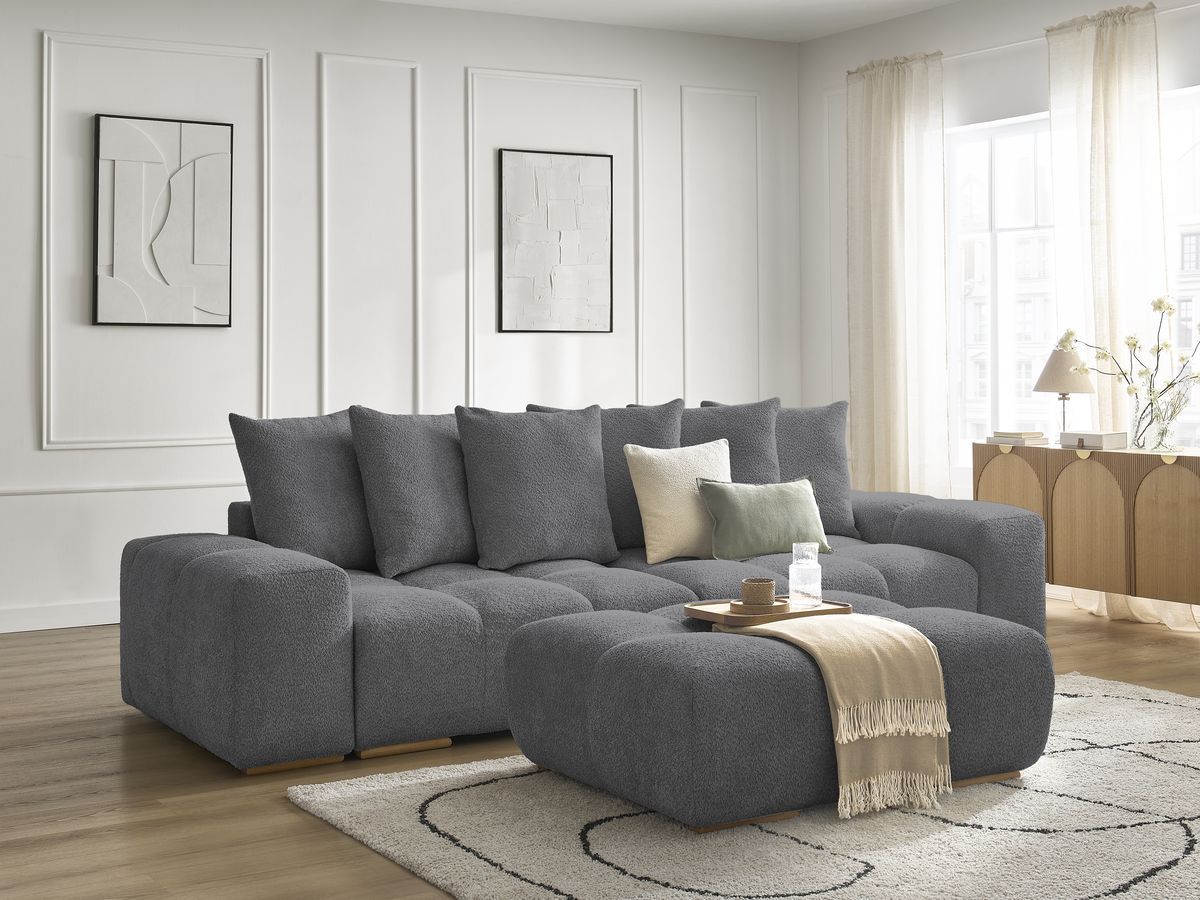 Bobochic Anakin Schlafsofa 3-Sitzer mit Bettkasten und Pouf, 6 Kissen Bouclé-Stoff Dunkelgrau