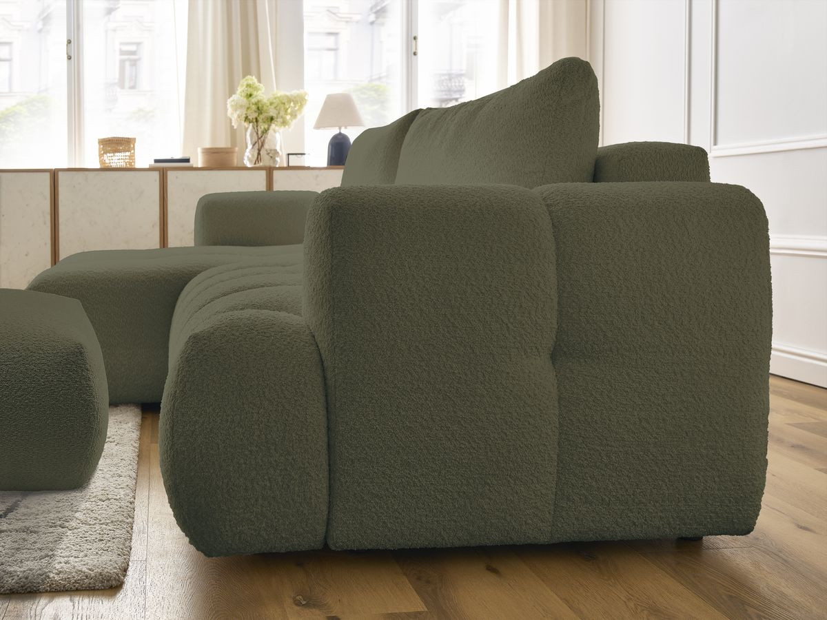 Bobochic Fuji Ecksofa mit Schlaffunktion und Bettkasten und Pouf 292 × 160 cm Bouclé-Stoff Grün Ecke links