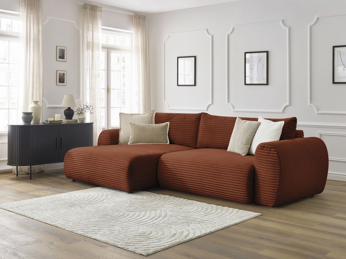 Bobochic Lucien Ecksofa mit Schlaffunktion und Bettkasten 314 × 167 cm Breitcord weich Orange Ecke links