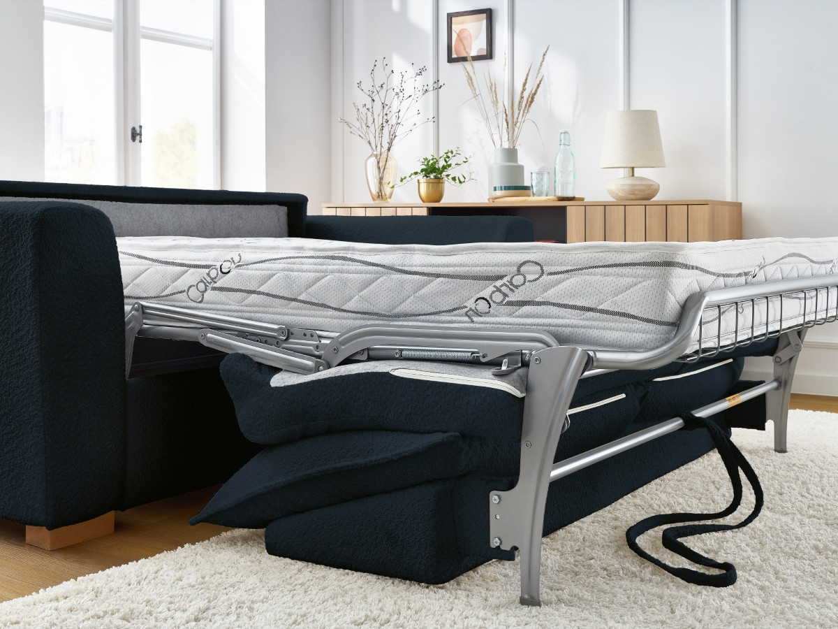 Bobochic Augustin Schlafsofa 3-Sitzer Bouclé-Stoff Dunkelblau, Liegefläche 160 × 200 cm