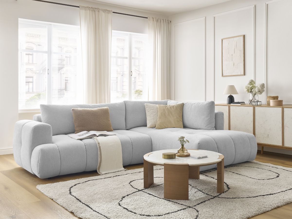 Bobochic Fuji Ecksofa mit Schlaffunktion und Bettkasten 282 × 204 cm Stoff Hellgrau Ecke rechts