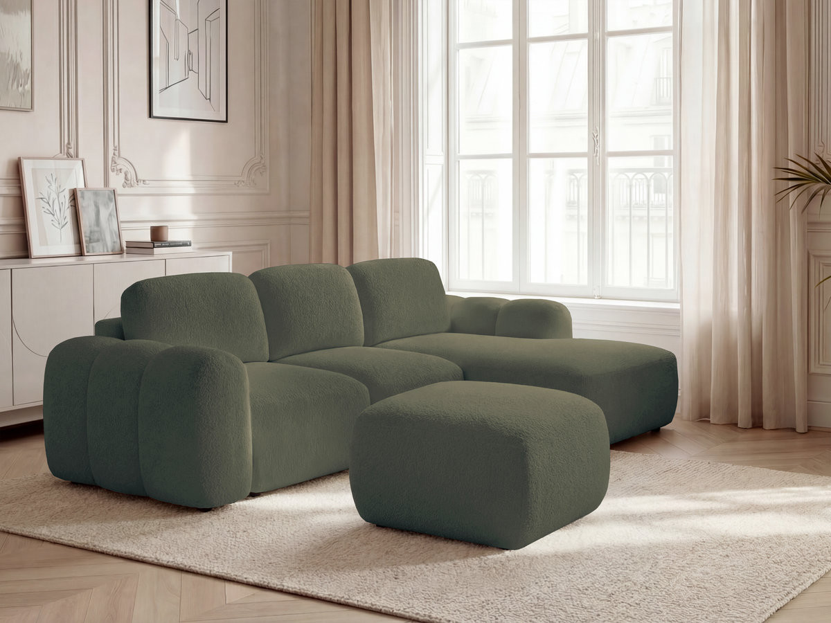 Bobochic Montaigne Ecksofa mit Schlaffunktion und Bettkasten und Pouf 276 × 164 cm Bouclé-Stoff Grün Ecke rechts
